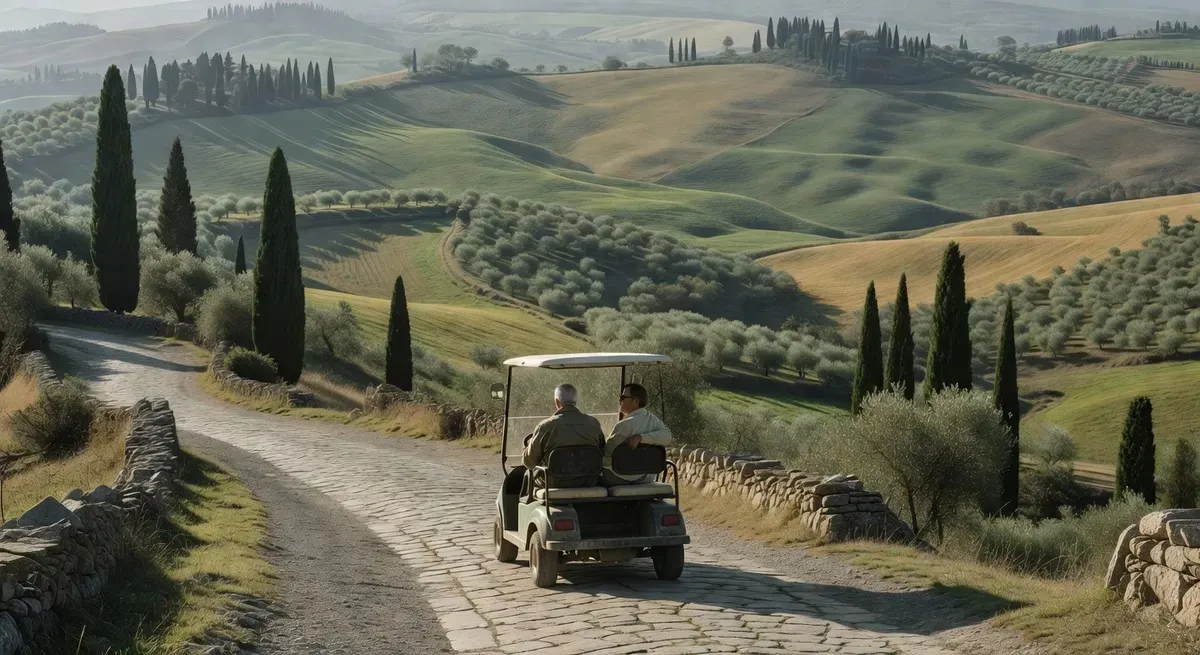 Couple on a private electric golf cart tour Florence riding along a quiet hilltop road through Tuscan olive groves above the city