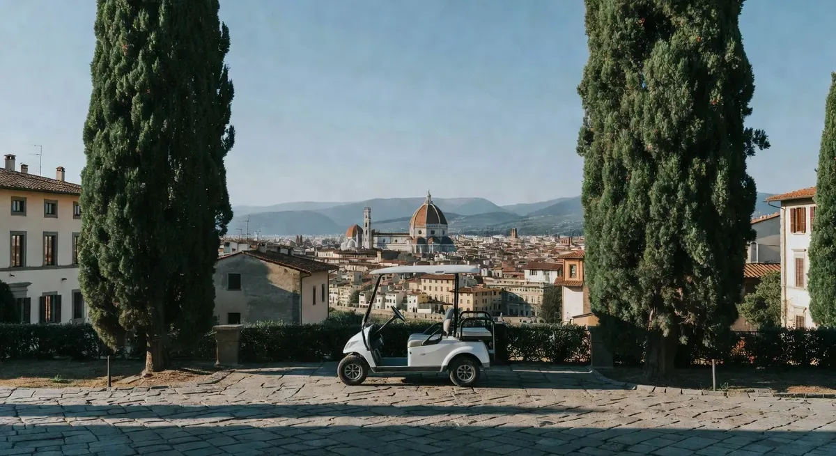 White electric golf cart parked at a panoramic terrace above Florence with Italian cypress trees and the Duomo visible in the distance on a sunny afternoon