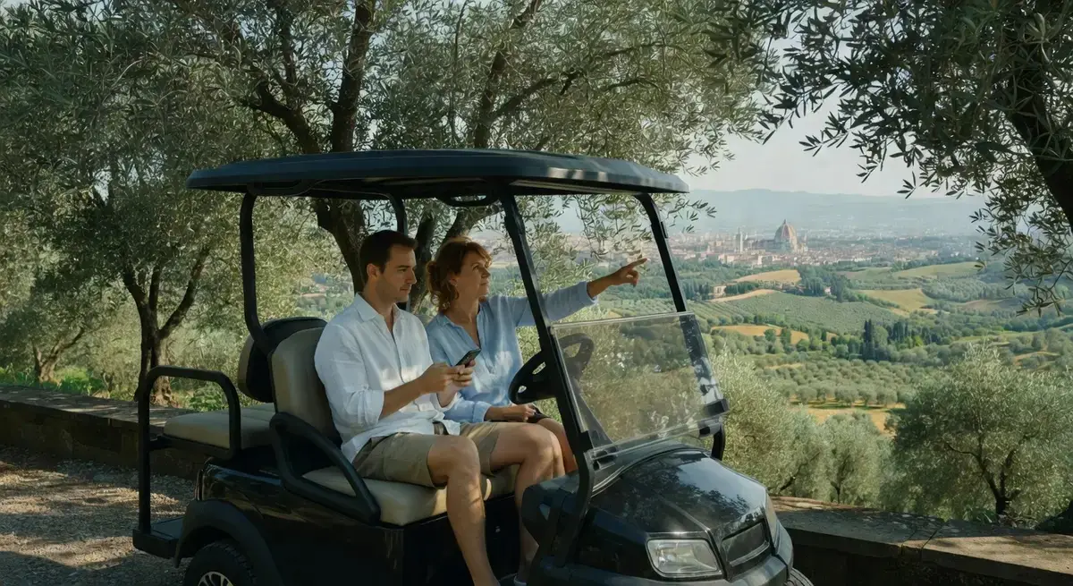 Couple seated in a private electric golf cart on the Arcetri hills above Florence reviewing their tour booking on a phone, relaxed and comfortable on a private golf cart tour Florence