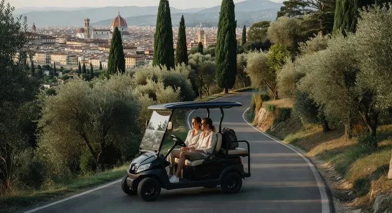 Private golf cart tour Florence group stopped at Piazzale Michelangelo with panoramic views over the Arno and Brunelleschi's Dome