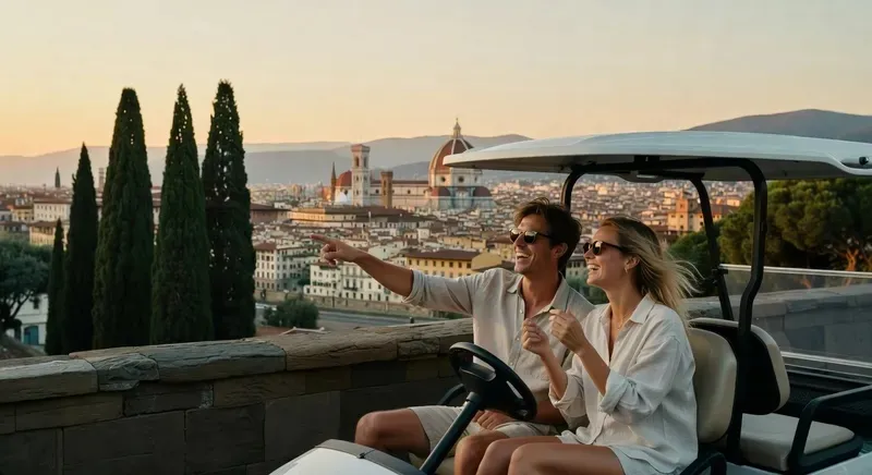 Golf cart tour Florence express highlights with professional photos at Piazzale Michelangelo and Bellosguardo viewpoints